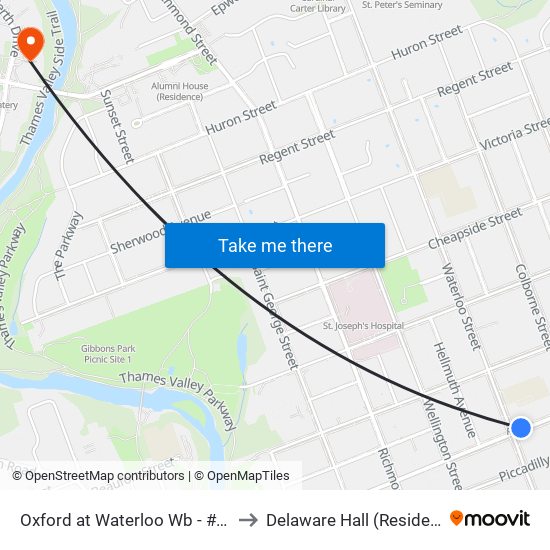 Oxford at Waterloo Wb - #1355 to Delaware Hall (Residence) map