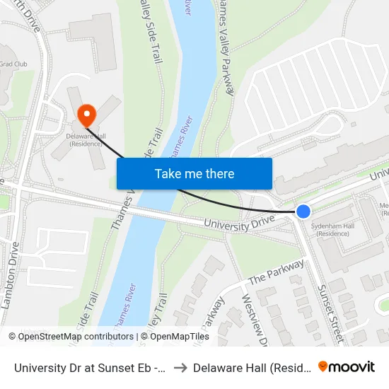University Dr at Sunset Eb - #1820 to Delaware Hall (Residence) map