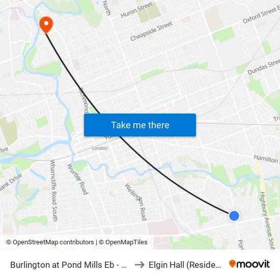 Burlington at Pond Mills Eb - #313 to Elgin Hall (Residence) map