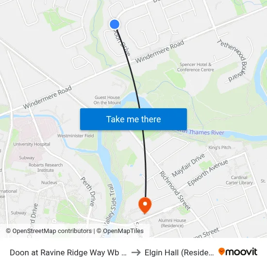Doon at Ravine Ridge Way Wb - #523 to Elgin Hall (Residence) map