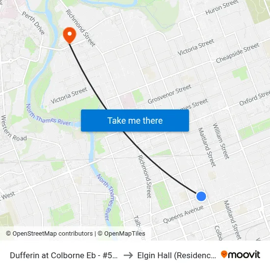 Dufferin at Colborne Eb - #531 to Elgin Hall (Residence) map