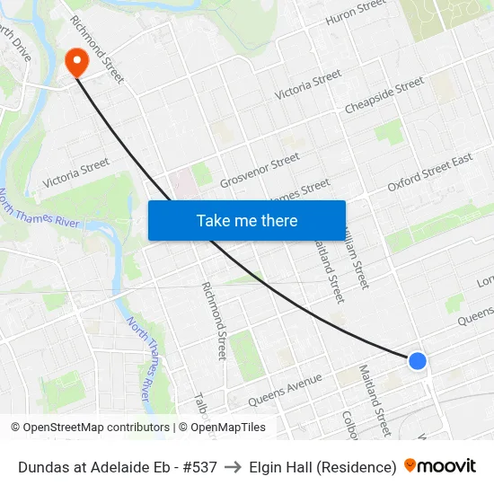 Dundas at Adelaide Eb - #537 to Elgin Hall (Residence) map
