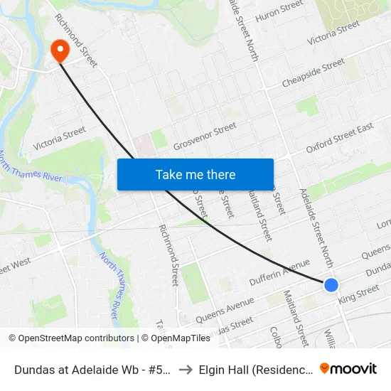Dundas at Adelaide Wb - #538 to Elgin Hall (Residence) map