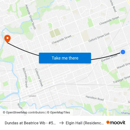 Dundas at Beatrice Wb - #544 to Elgin Hall (Residence) map