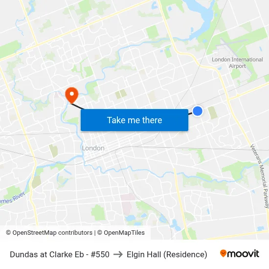Dundas at Clarke Eb - #550 to Elgin Hall (Residence) map