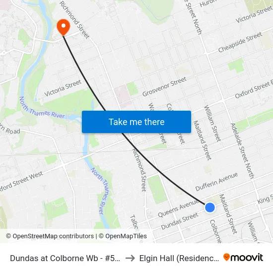 Dundas at Colborne Wb - #553 to Elgin Hall (Residence) map