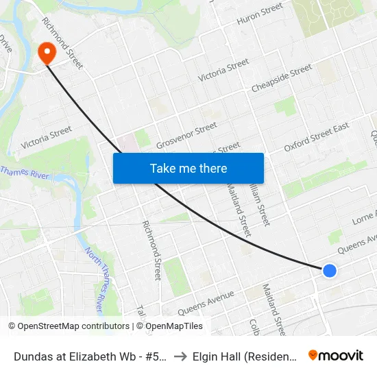Dundas at Elizabeth Wb - #564 to Elgin Hall (Residence) map