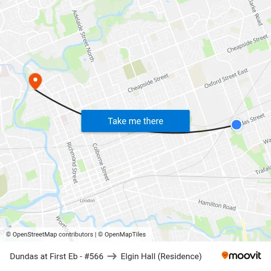 Dundas at First Eb - #566 to Elgin Hall (Residence) map