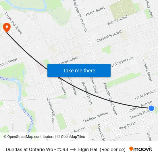 Dundas at Ontario Wb - #593 to Elgin Hall (Residence) map
