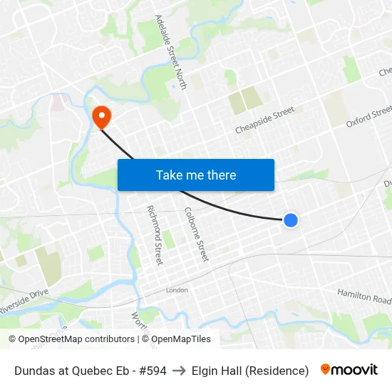 Dundas at Quebec Eb - #594 to Elgin Hall (Residence) map