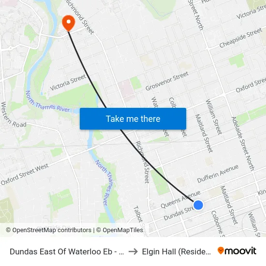 Dundas East Of Waterloo Eb - #614 to Elgin Hall (Residence) map