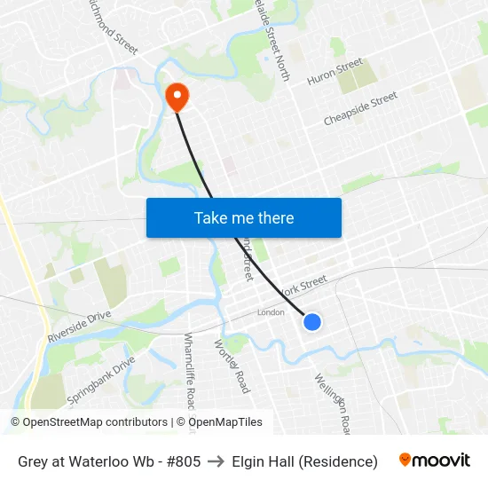 Grey at Waterloo Wb - #805 to Elgin Hall (Residence) map