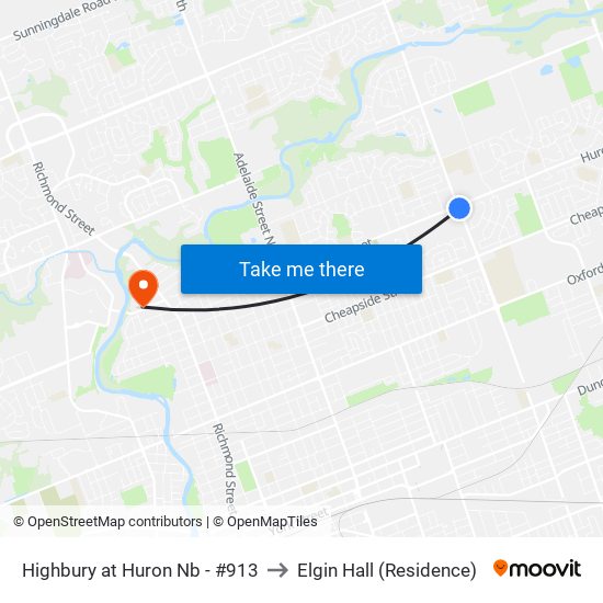 Highbury at Huron Nb - #913 to Elgin Hall (Residence) map