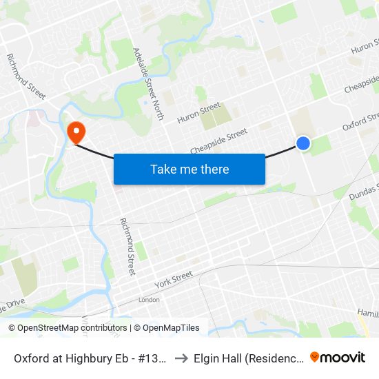 Oxford at Highbury Eb - #1309 to Elgin Hall (Residence) map