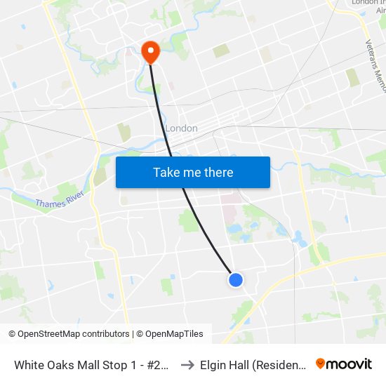 White Oaks Mall Stop 1 - #2062 to Elgin Hall (Residence) map