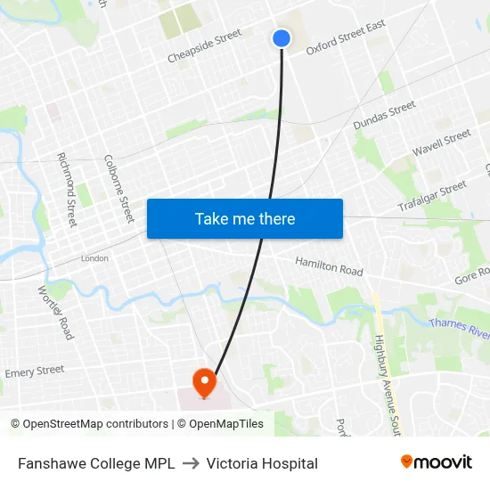 Fanshawe College MPL to Victoria Hospital map