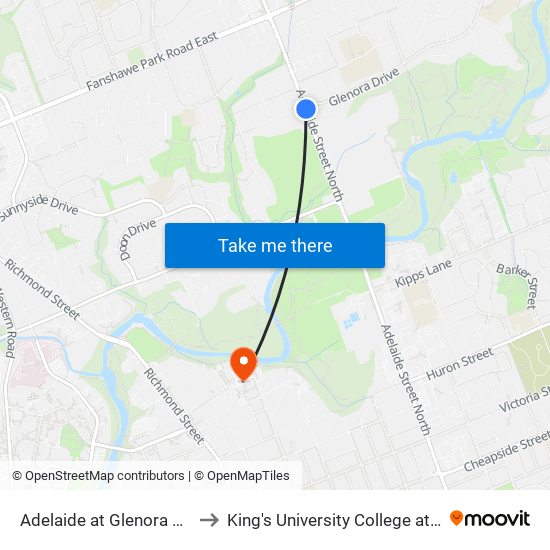 Adelaide at Glenora Nb - #33 to King's University College at Western map