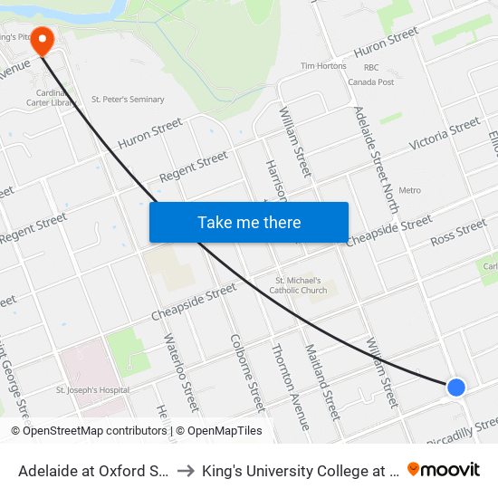 Adelaide at Oxford Sb - #68 to King's University College at Western map