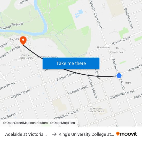 Adelaide at Victoria Nb - #87 to King's University College at Western map