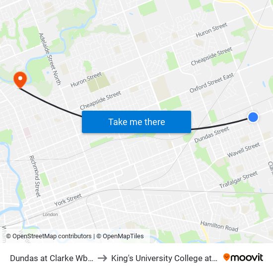 Dundas at Clarke Wb - #551 to King's University College at Western map