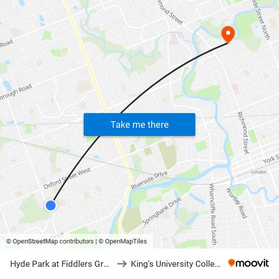 Hyde Park at Fiddlers Green Sb - #1027 to King's University College at Western map