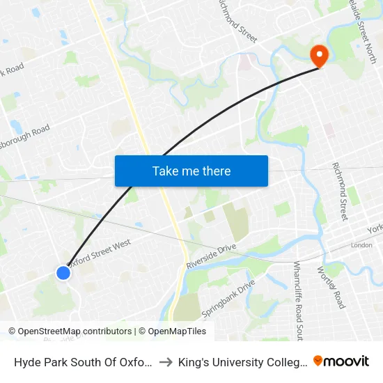 Hyde Park South Of Oxford Nb - #1029 to King's University College at Western map