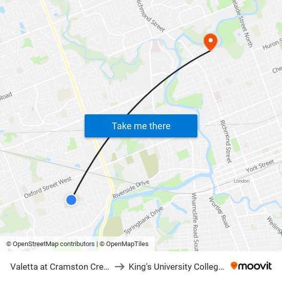 Valetta at Cramston Cres Eb - #1834 to King's University College at Western map