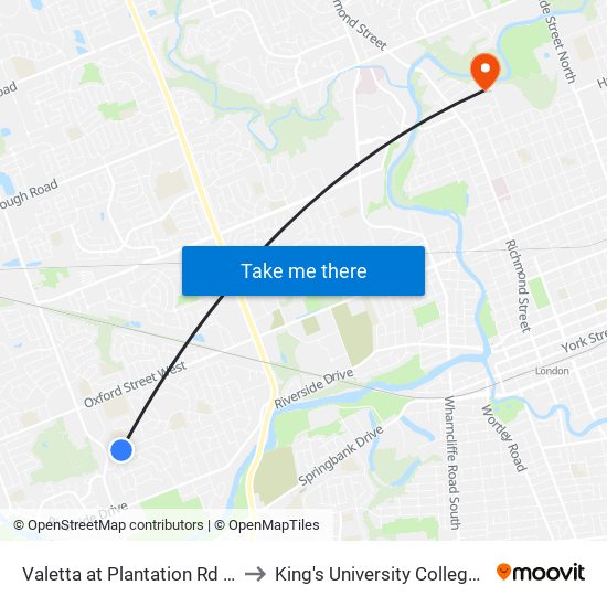 Valetta at Plantation Rd Wb - #1845 to King's University College at Western map