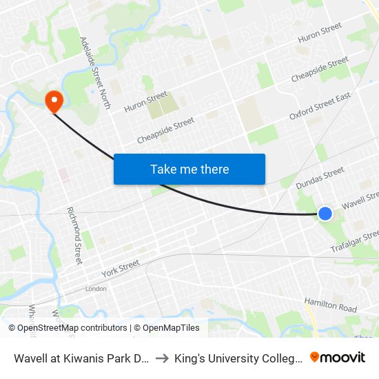 Wavell at Kiwanis Park Dr Wb - #1911 to King's University College at Western map