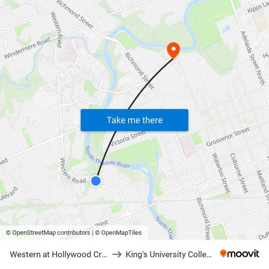 Western at Hollywood Cres Nb - #1992 to King's University College at Western map