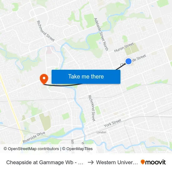 Cheapside at Gammage Wb - #355 to Western University map