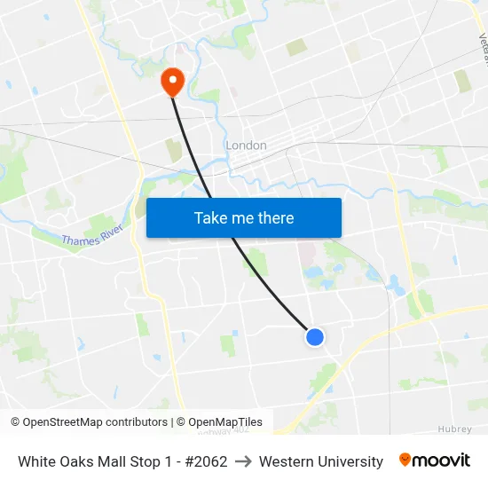 White Oaks Mall Stop 1 - #2062 to Western University map