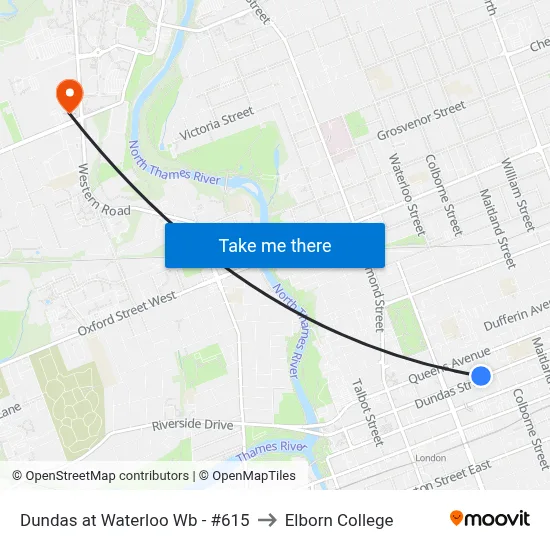 Dundas at Waterloo Wb - #615 to Elborn College map