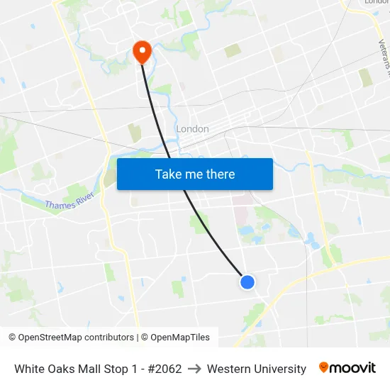 White Oaks Mall Stop 1 - #2062 to Western University map