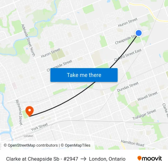 Clarke at Cheapside Sb - #2947 to London, Ontario map