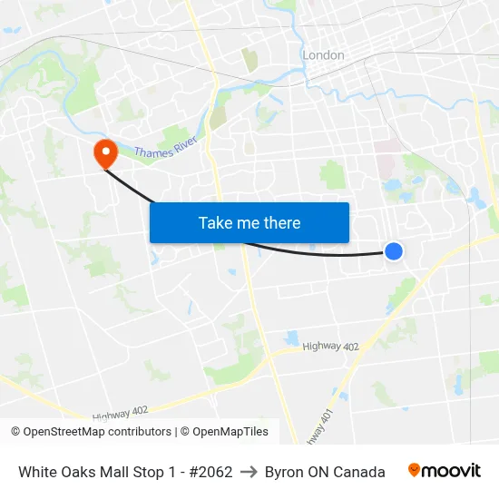 White Oaks Mall Stop 1 - #2062 to Byron ON Canada map