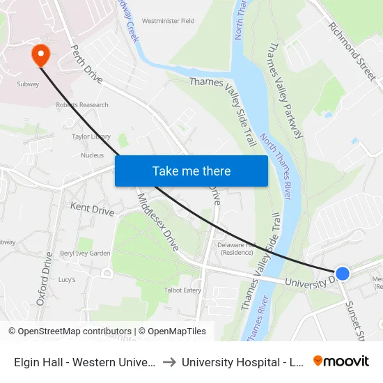 Elgin Hall - Western University to University Hospital - LHSC map