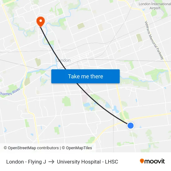 London - Flying J to University Hospital - LHSC map