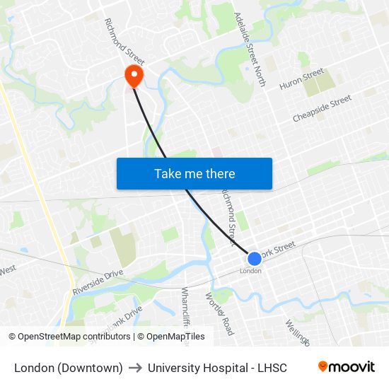 London (Downtown) to University Hospital - LHSC map