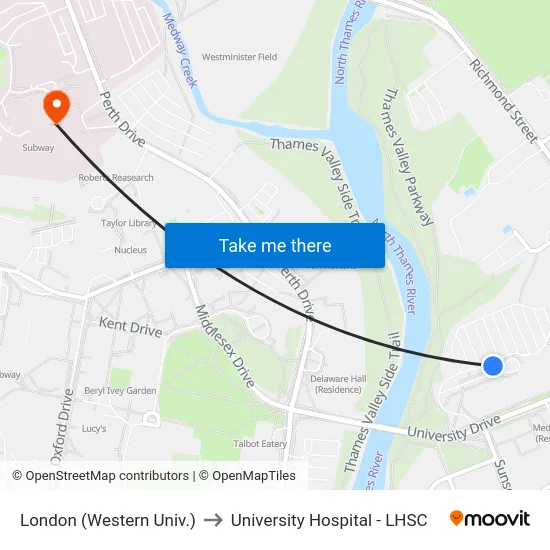 London (Western Univ.) to University Hospital - LHSC map