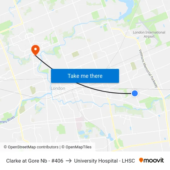 Clarke at Gore Nb - #406 to University Hospital - LHSC map