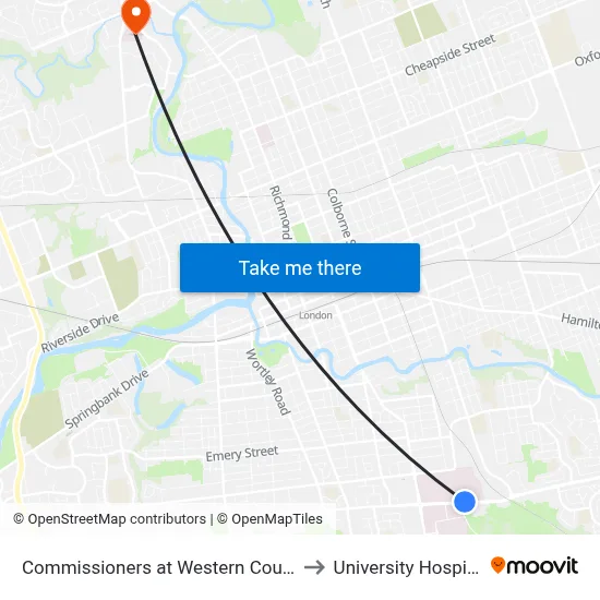 Commissioners at Western Counties Rd - #2426 to University Hospital - LHSC map