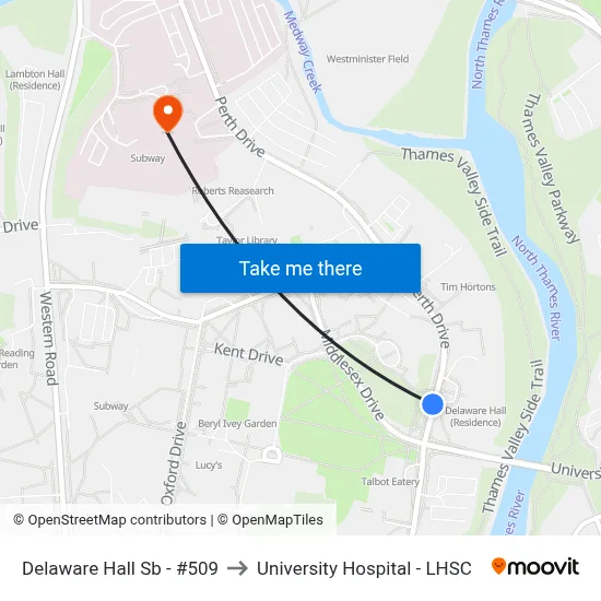 Delaware Hall Sb - #509 to University Hospital - LHSC map