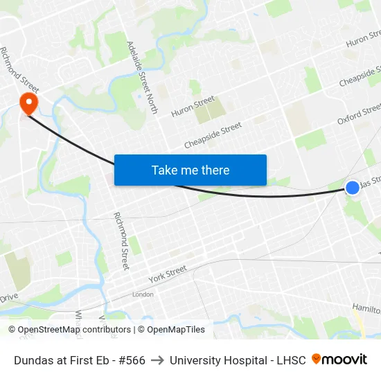 Dundas at First Eb - #566 to University Hospital - LHSC map