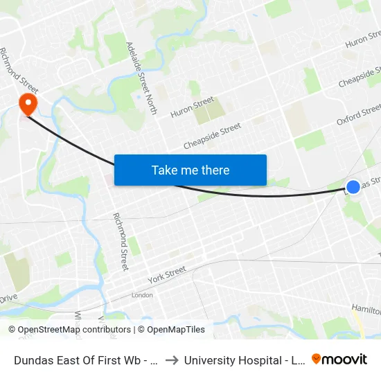 Dundas East Of First Wb - #567 to University Hospital - LHSC map