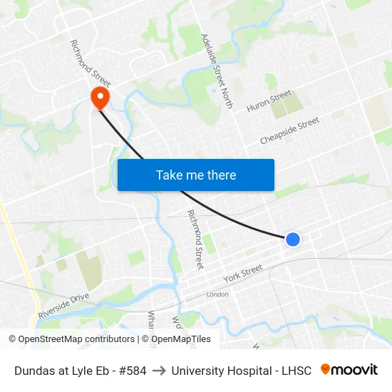 Dundas at Lyle Eb - #584 to University Hospital - LHSC map
