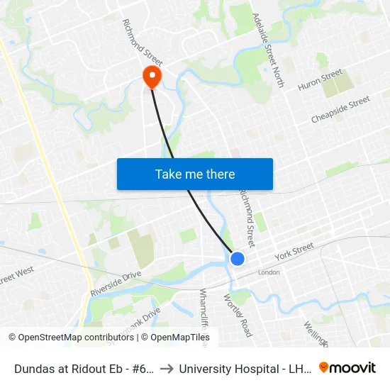 Dundas at Ridout Eb - #600 to University Hospital - LHSC map
