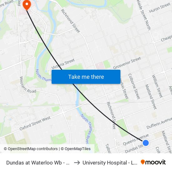 Dundas at Waterloo Wb - #615 to University Hospital - LHSC map