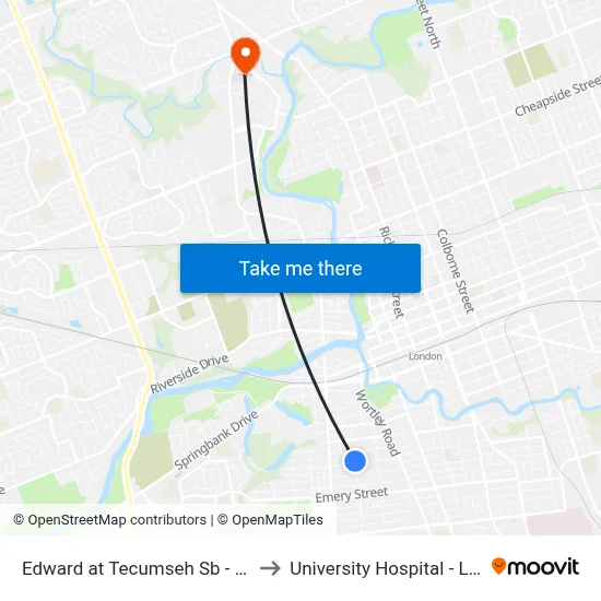 Edward at Tecumseh Sb - #640 to University Hospital - LHSC map