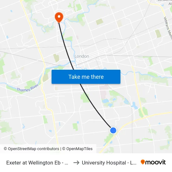 Exeter at Wellington Eb - #672 to University Hospital - LHSC map